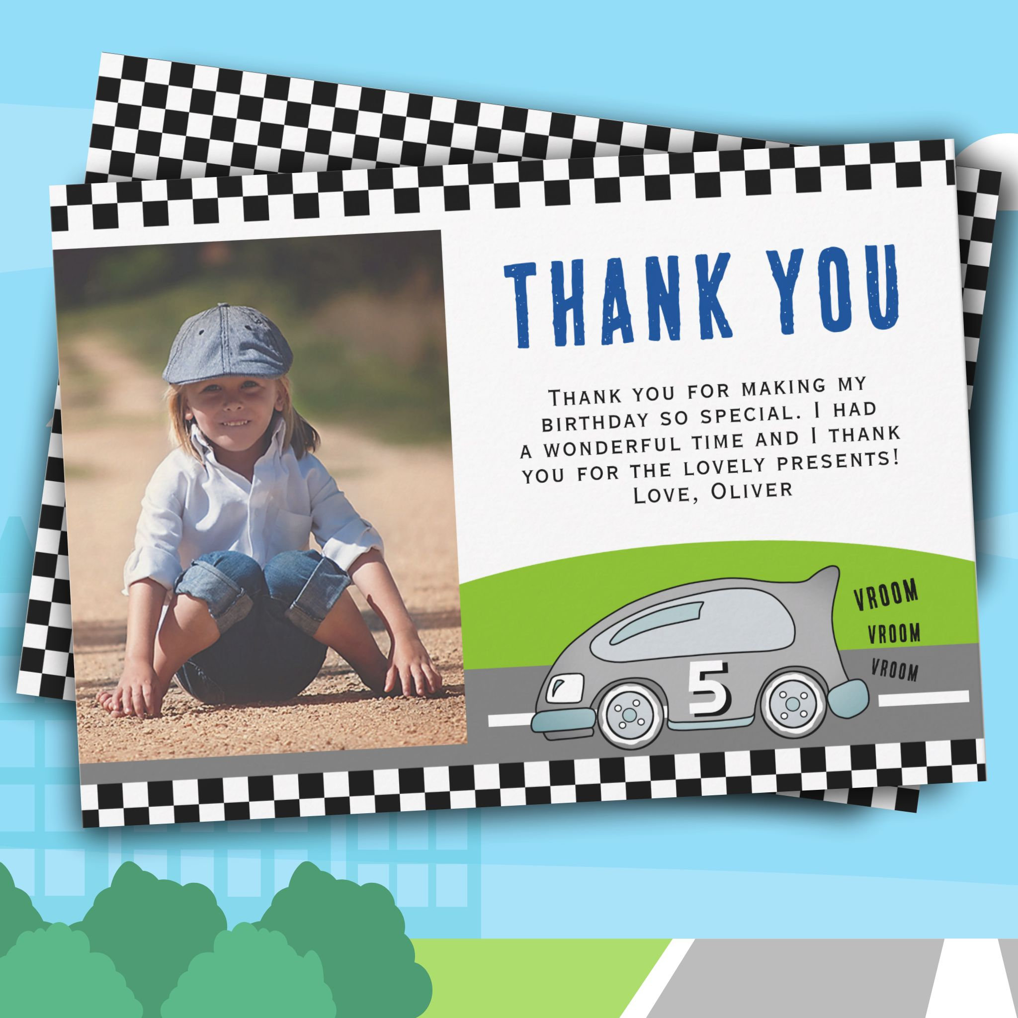 Vroom Vroom Racing Car Road Boy Photo Birthday Thank You Card