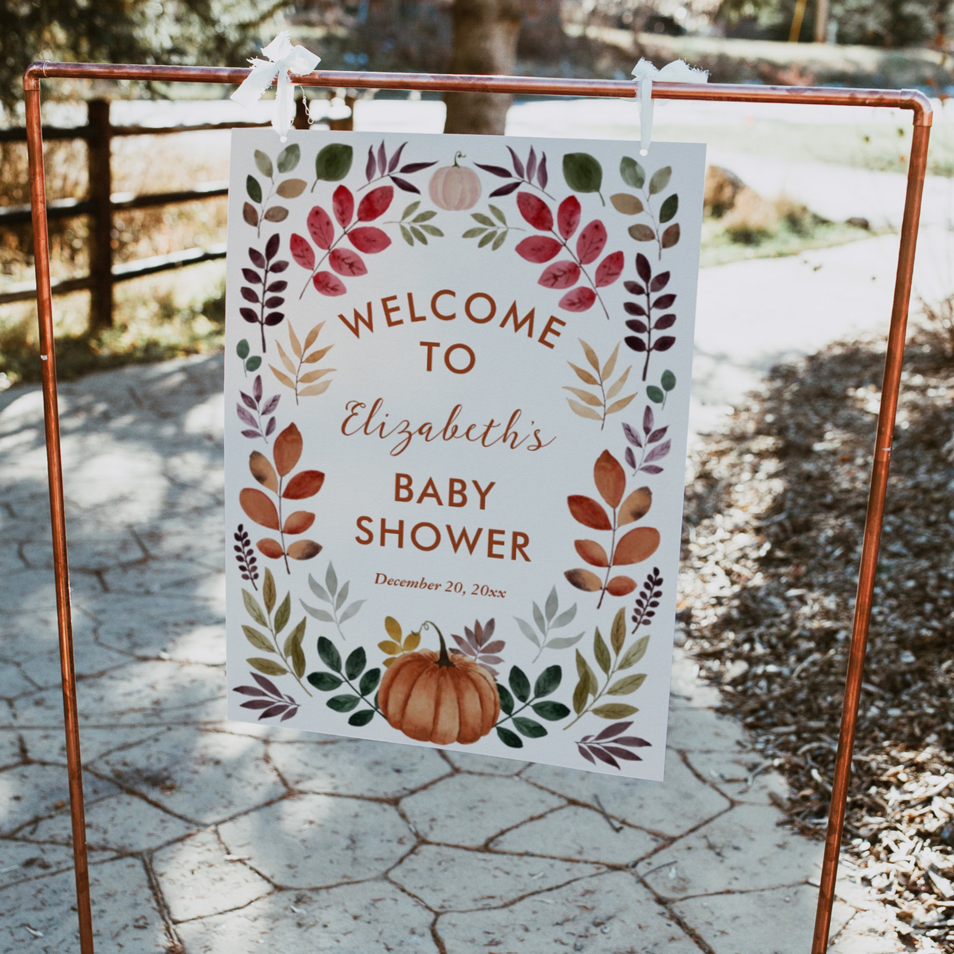 Watercolor Autumn Leaves & Pumpkin Welcome Sign