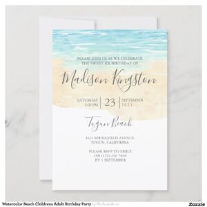 Watercolor Beach Childrens Adult Birthday Party Invitation