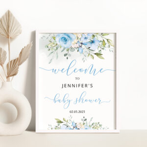 Watercolor blue floral baby shower welcome sign