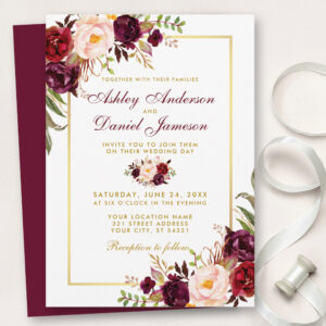 Watercolor Burgundy Floral Gold Wedding Invitation