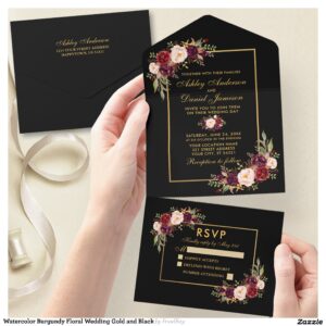 Watercolor Burgundy Floral Wedding Gold and Black All In One Invitation