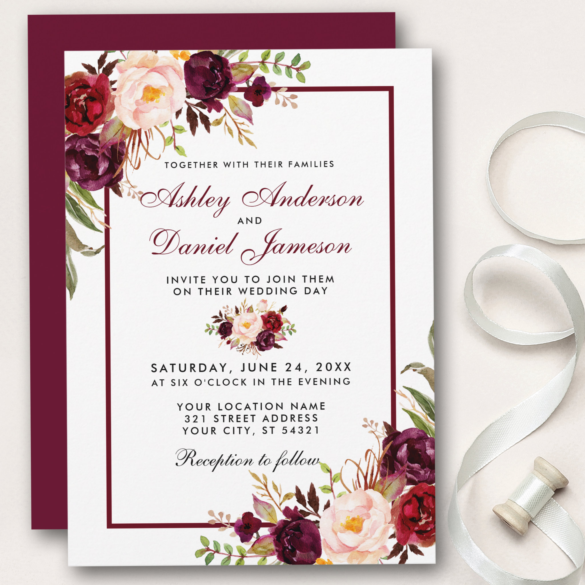 Watercolor Burgundy Floral Wedding Invitation