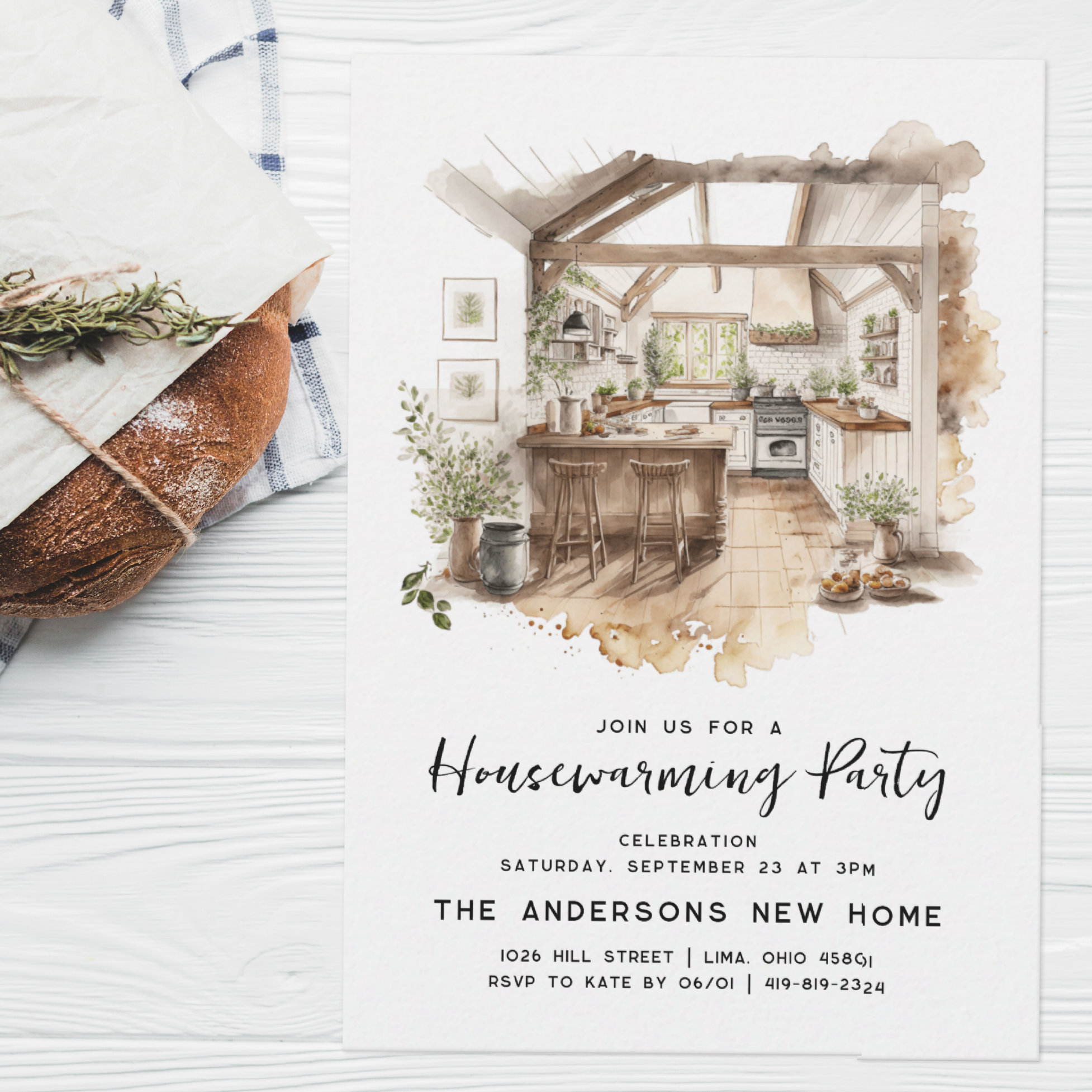 Watercolor Country Kitchen Housewarming Party Invitation