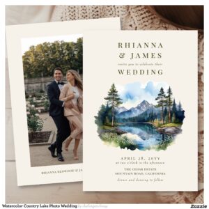 Watercolor Country Lake Photo Wedding Invitation