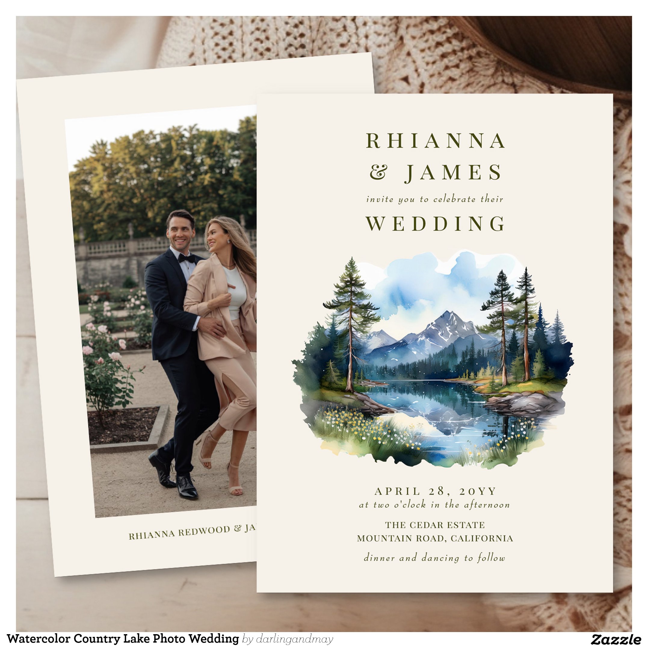Watercolor Country Lake Photo Wedding Invitation