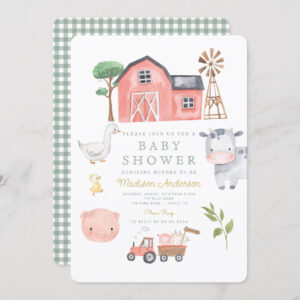 Watercolor Cute Farm Animals Barnyard Baby Shower Invitation