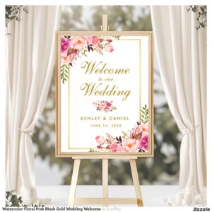 Watercolor Floral Pink Blush Gold Wedding Welcome Poster