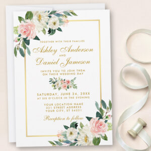 Watercolor Floral Pink Blush White Gold Wedding Invitation