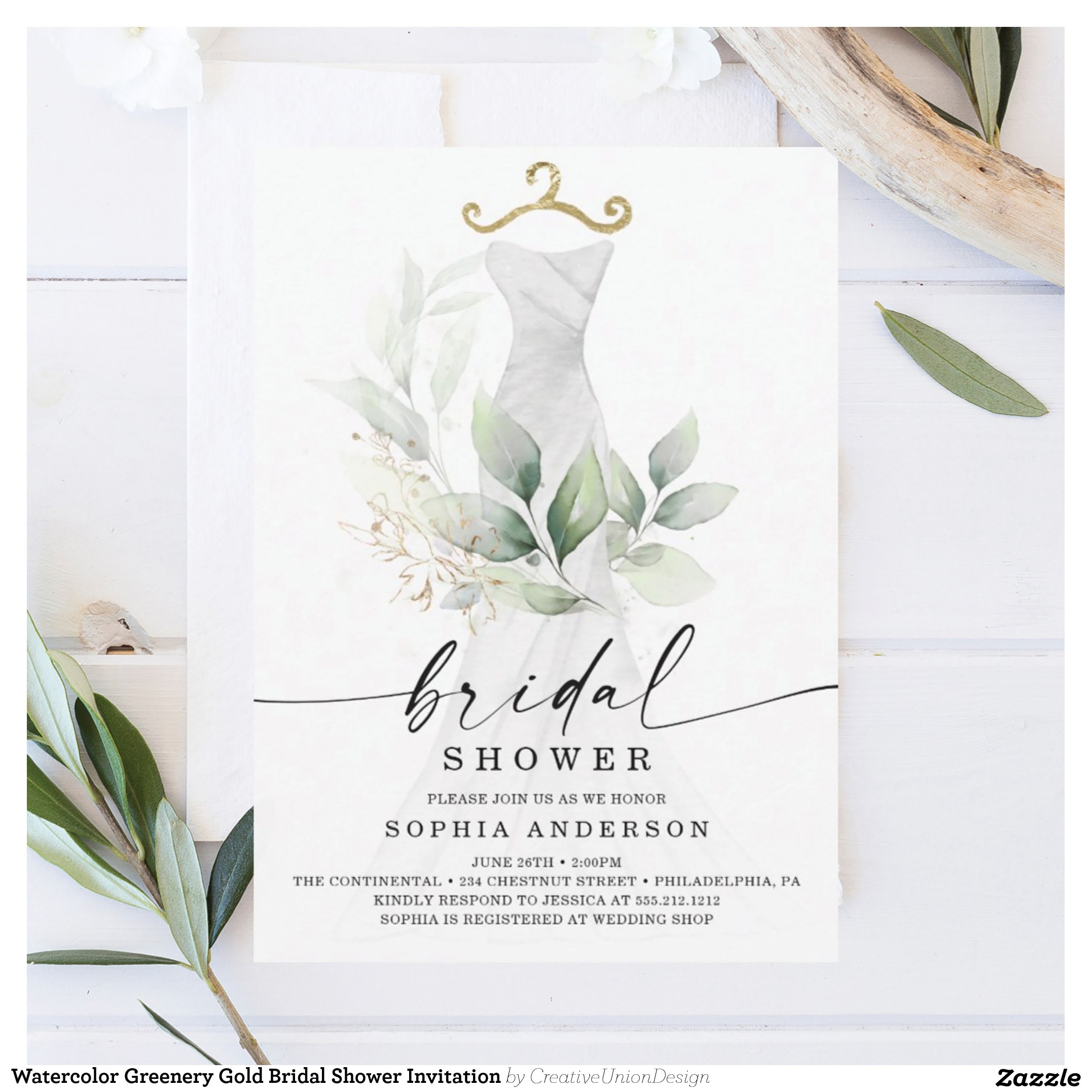 Watercolor Greenery Gold Bridal Shower Invitation