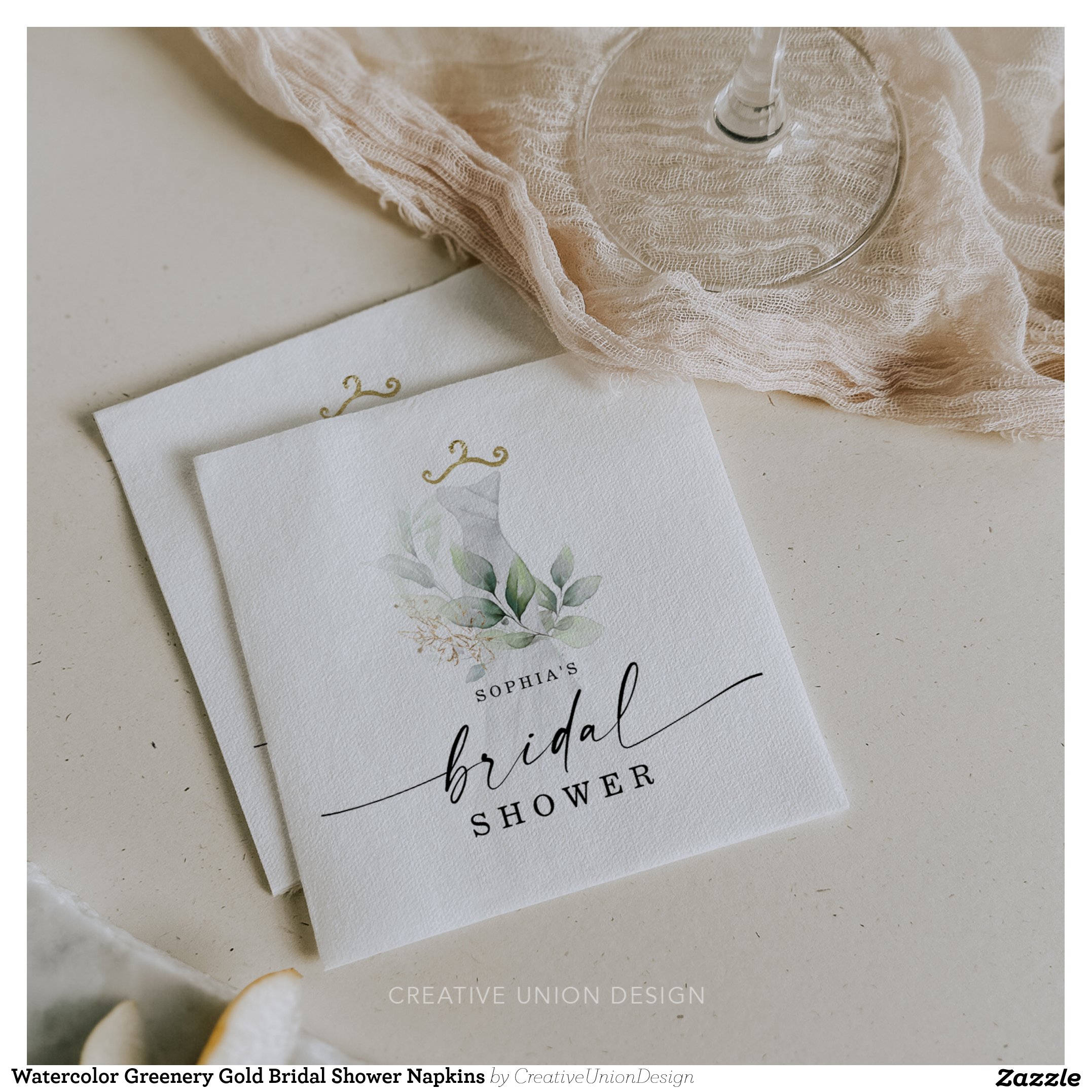 Watercolor Greenery Gold Bridal Shower Napkins
