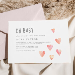 Watercolor Hearts Girl Horizontal Oh Baby Shower Invitation