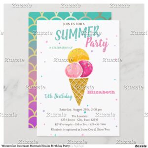 Watercolor Ice cream Mermaid Scales Birthday Party Invitation