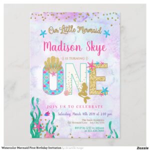 Watercolor Mermaid First Birthday Invitation