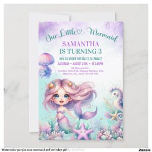 Watercolor purple cute mermaid 3rd birthday girl invitation