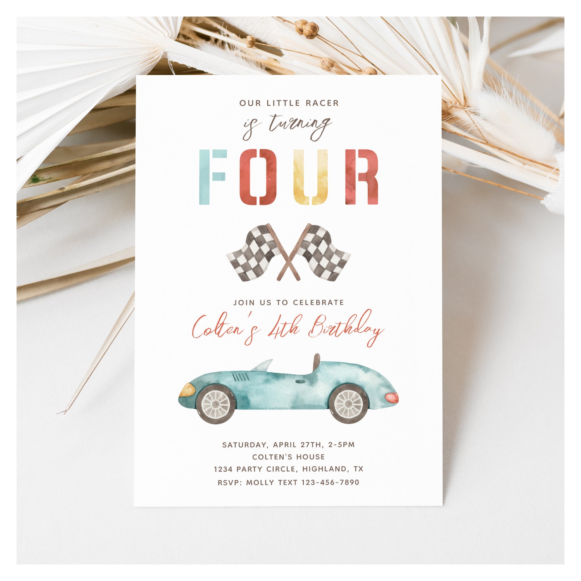 Watercolor Race Car Birthday Invitation