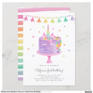 Watercolor Rainbow Unicorn Cake First Birthday Invitation