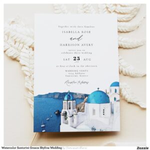 Watercolor Santorini Greece Skyline Wedding Invitation