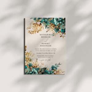 Watercolor Teal Gold Floral Wedding Invitation