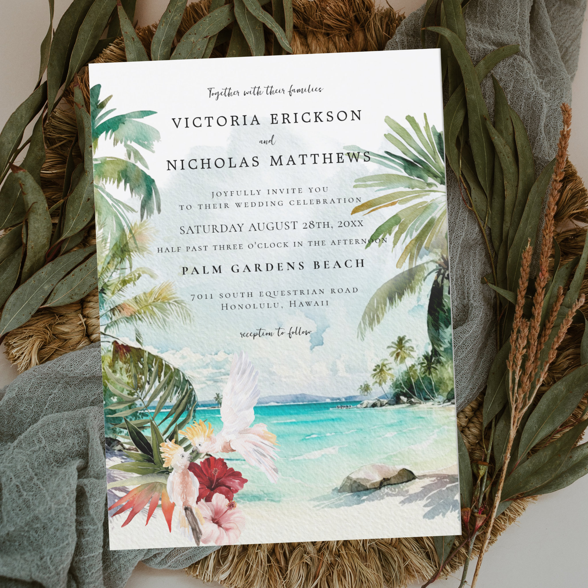 Watercolor Tropical Beach Wedding Invitation
