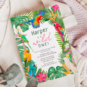 Watercolor tropical floral parrots 1st birthday invitation