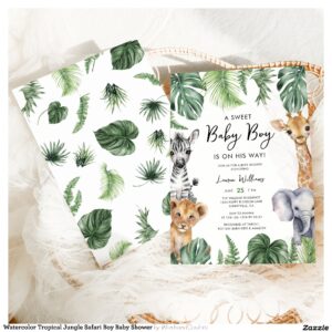 Watercolor Tropical Jungle Safari Boy Baby Shower Invitation