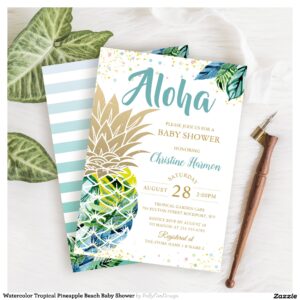 Watercolor Tropical Pineapple Beach Baby Shower Invitation
