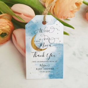 We Are Over The Moon Blue Gold Baby Shower Gift Tags