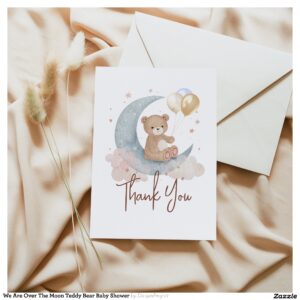 We Are Over The Moon Teddy Bear Baby Shower Thank You Card