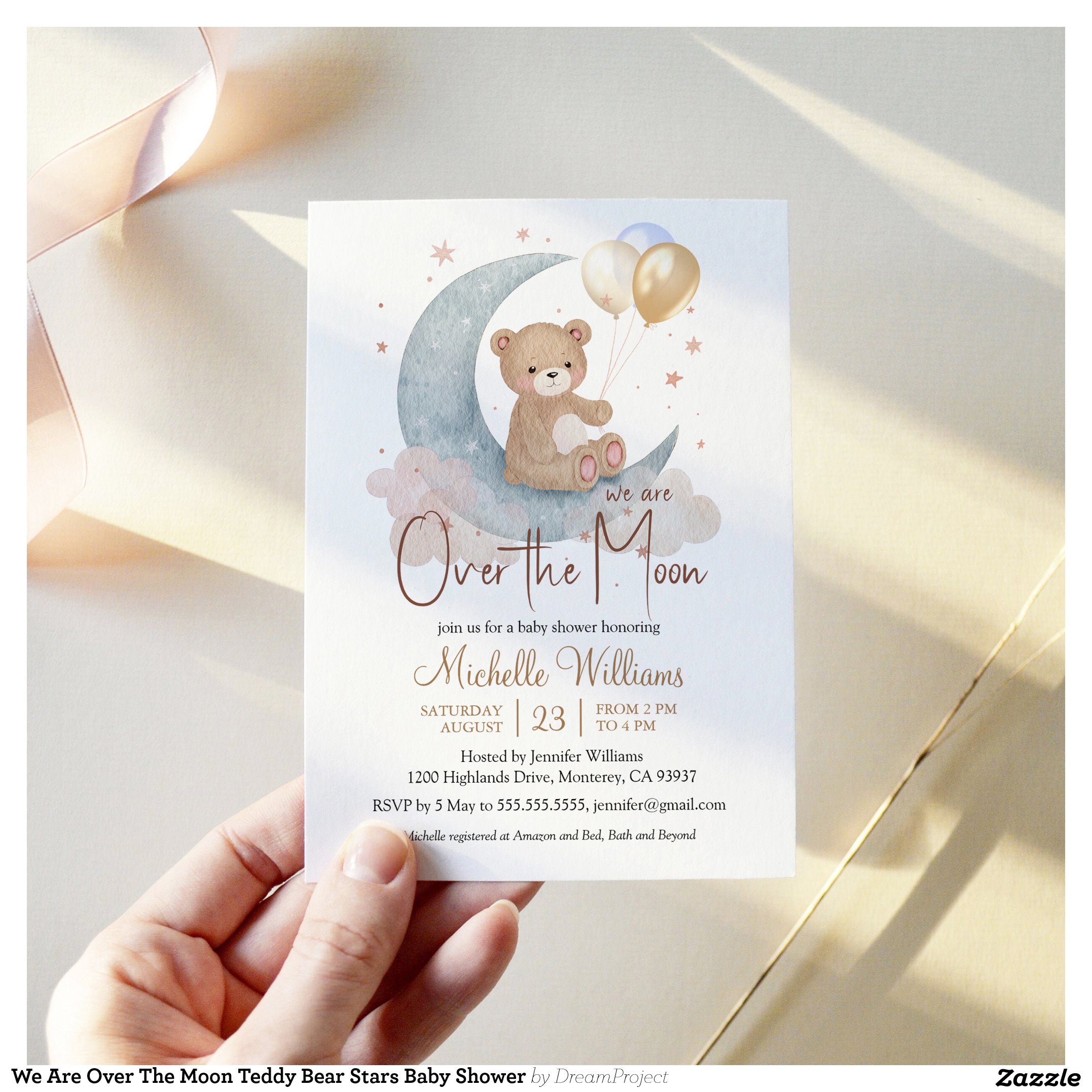 We Are Over The Moon Teddy Bear Stars Baby Shower Invitation