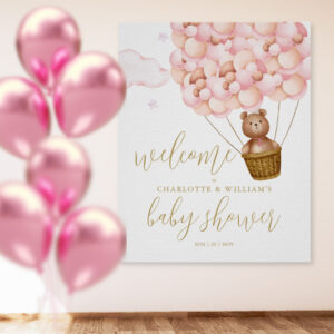 We Can Bearly Wait Pink Baby Shower Welcome Sign