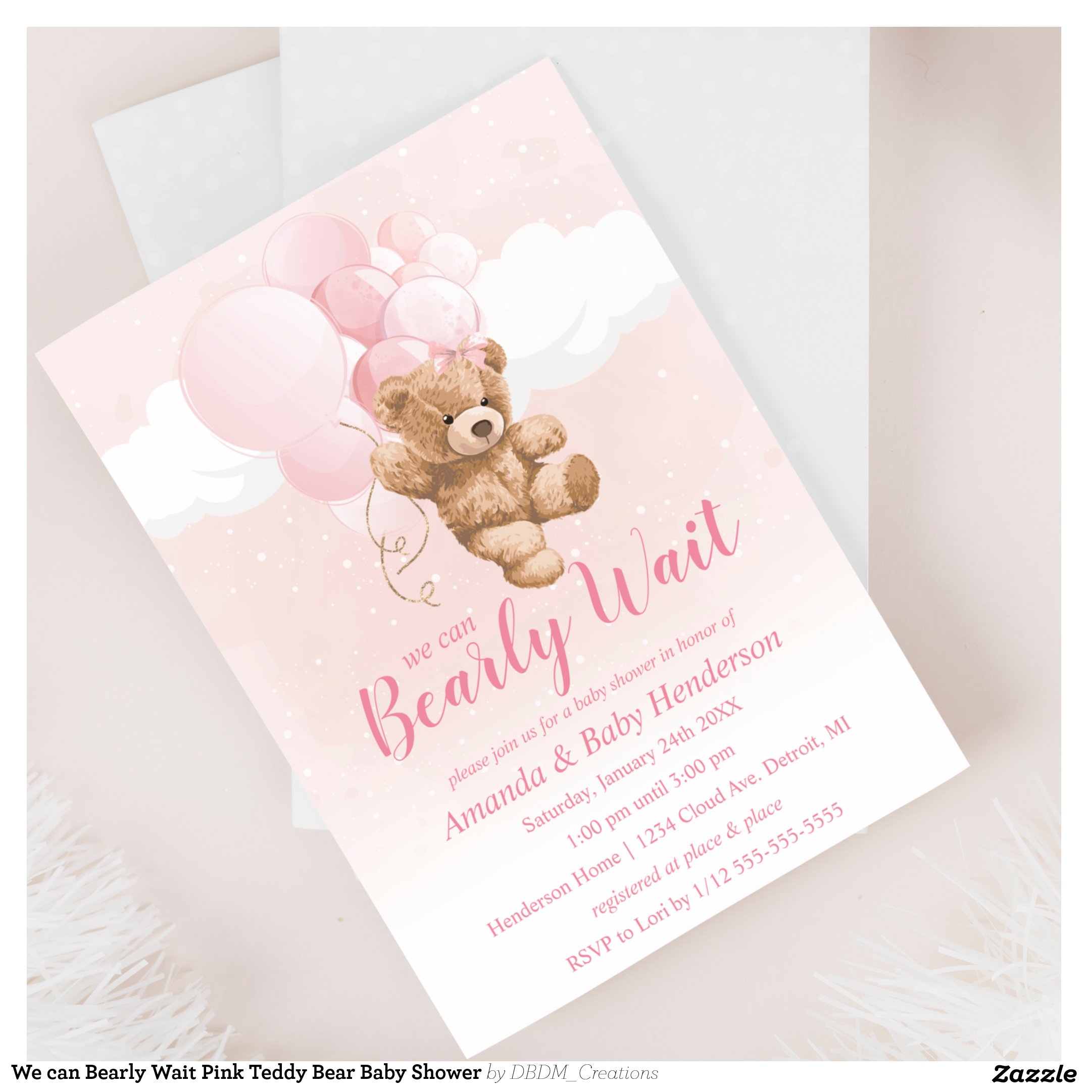 We can Bearly Wait Pink Teddy Bear Baby Shower Invitation