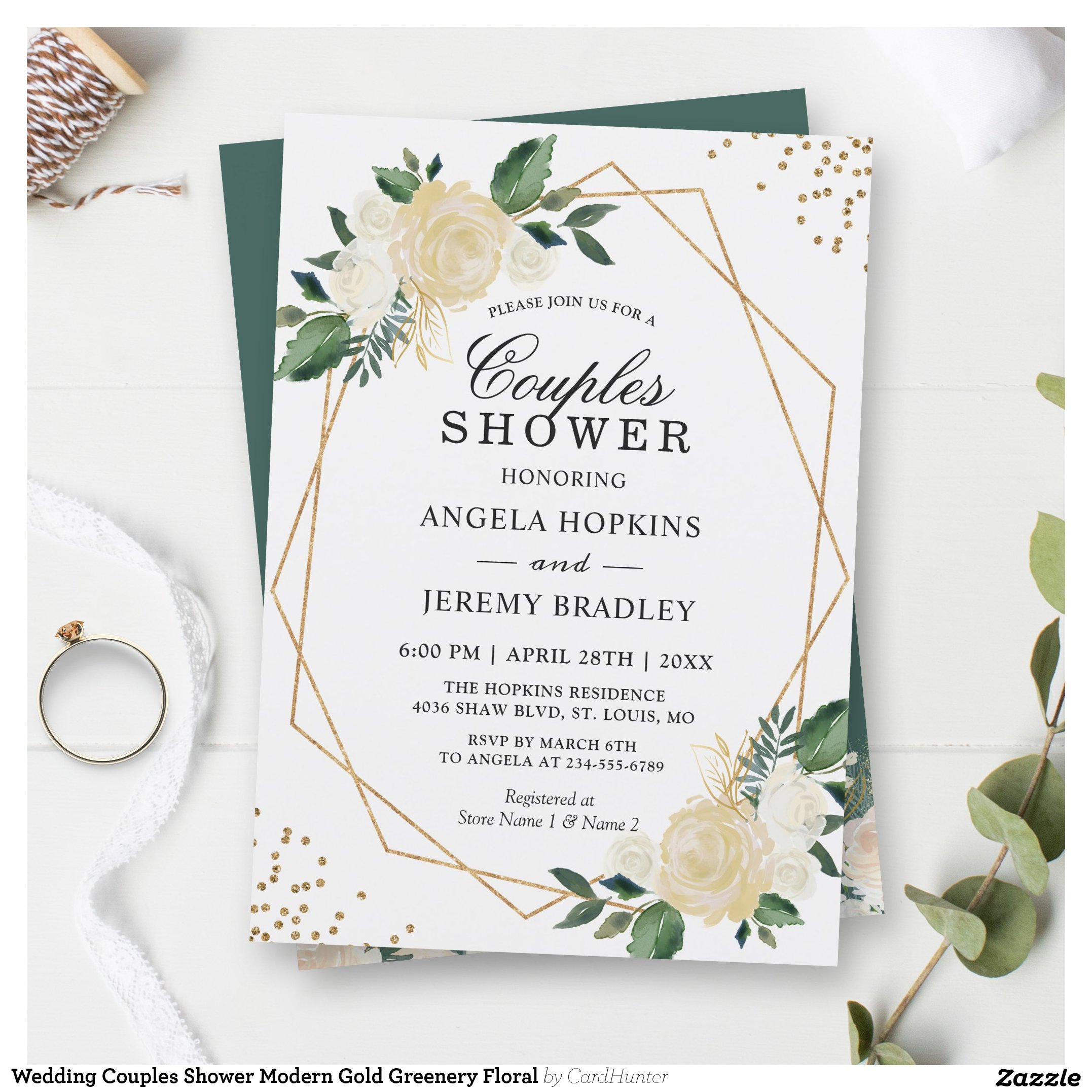 Wedding Couples Shower Modern Gold Greenery Floral Invitation