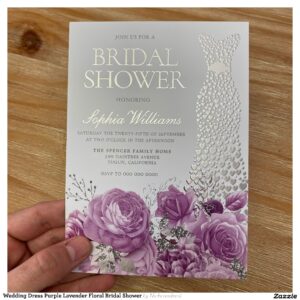 Wedding Dress Purple Lavender Floral Bridal Shower Foil Invitation