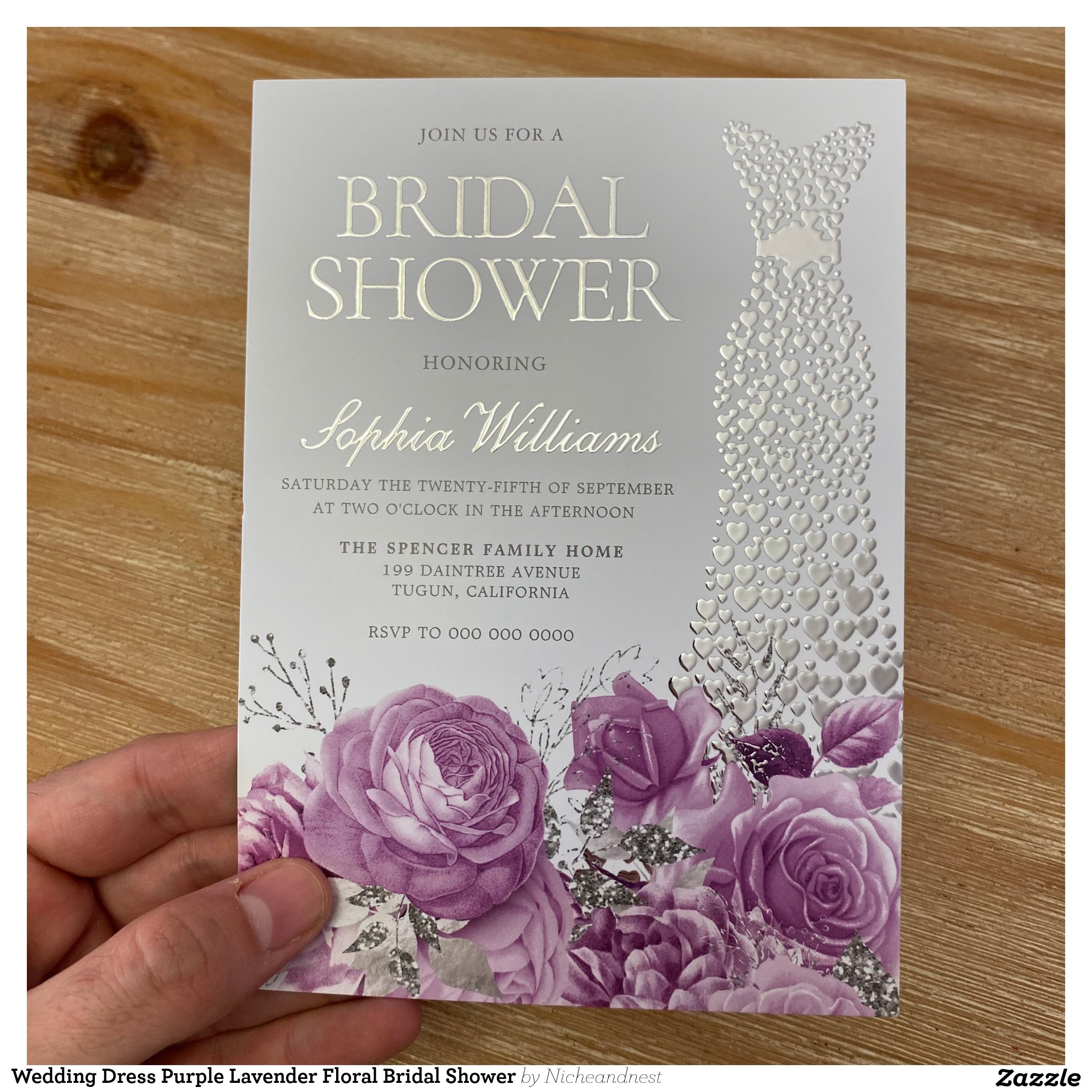 Wedding Dress Purple Lavender Floral Bridal Shower Foil Invitation