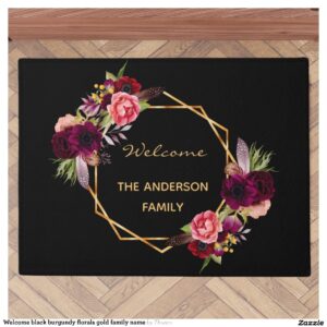 Welcome black burgundy florals gold family name doormat