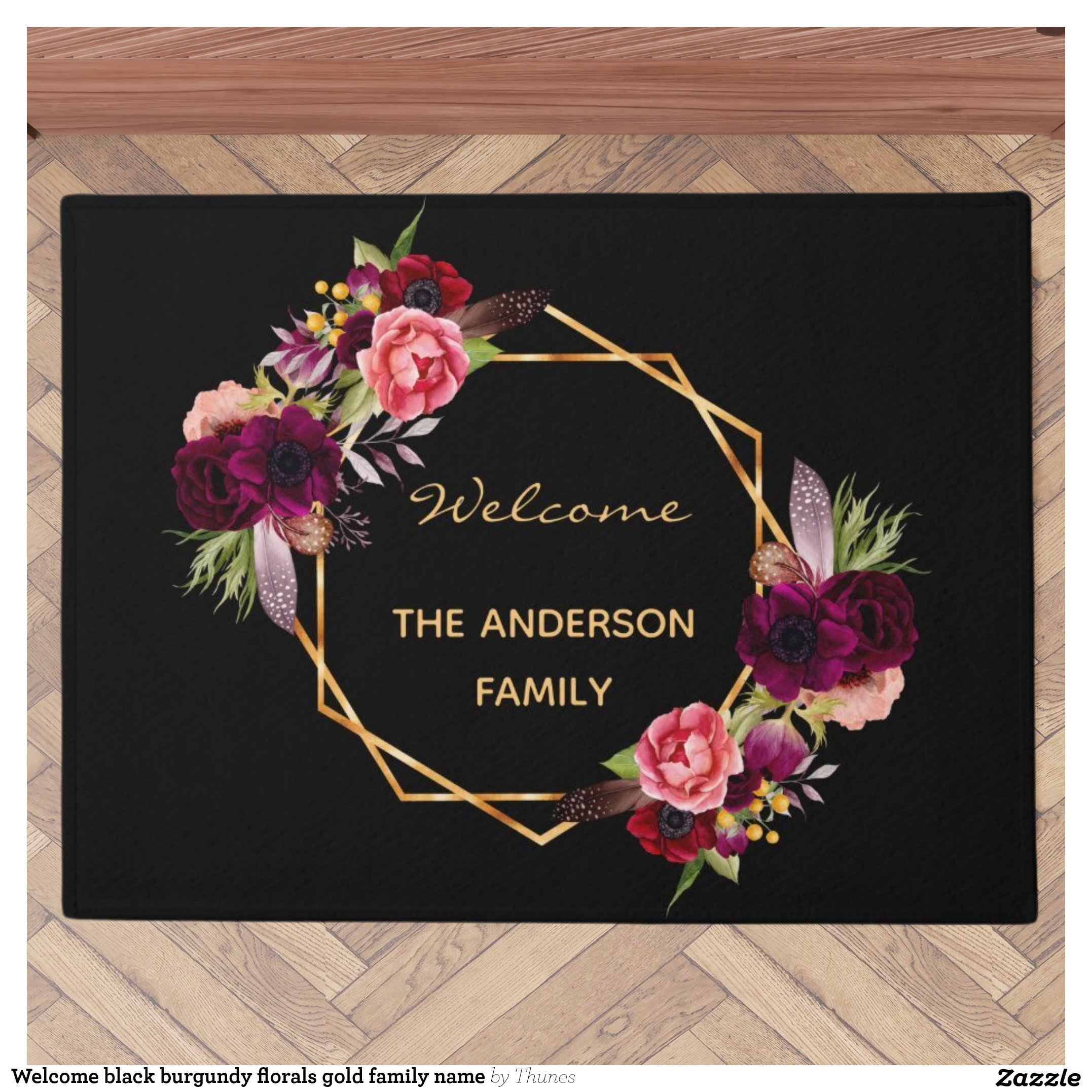 Welcome black burgundy florals gold family name doormat