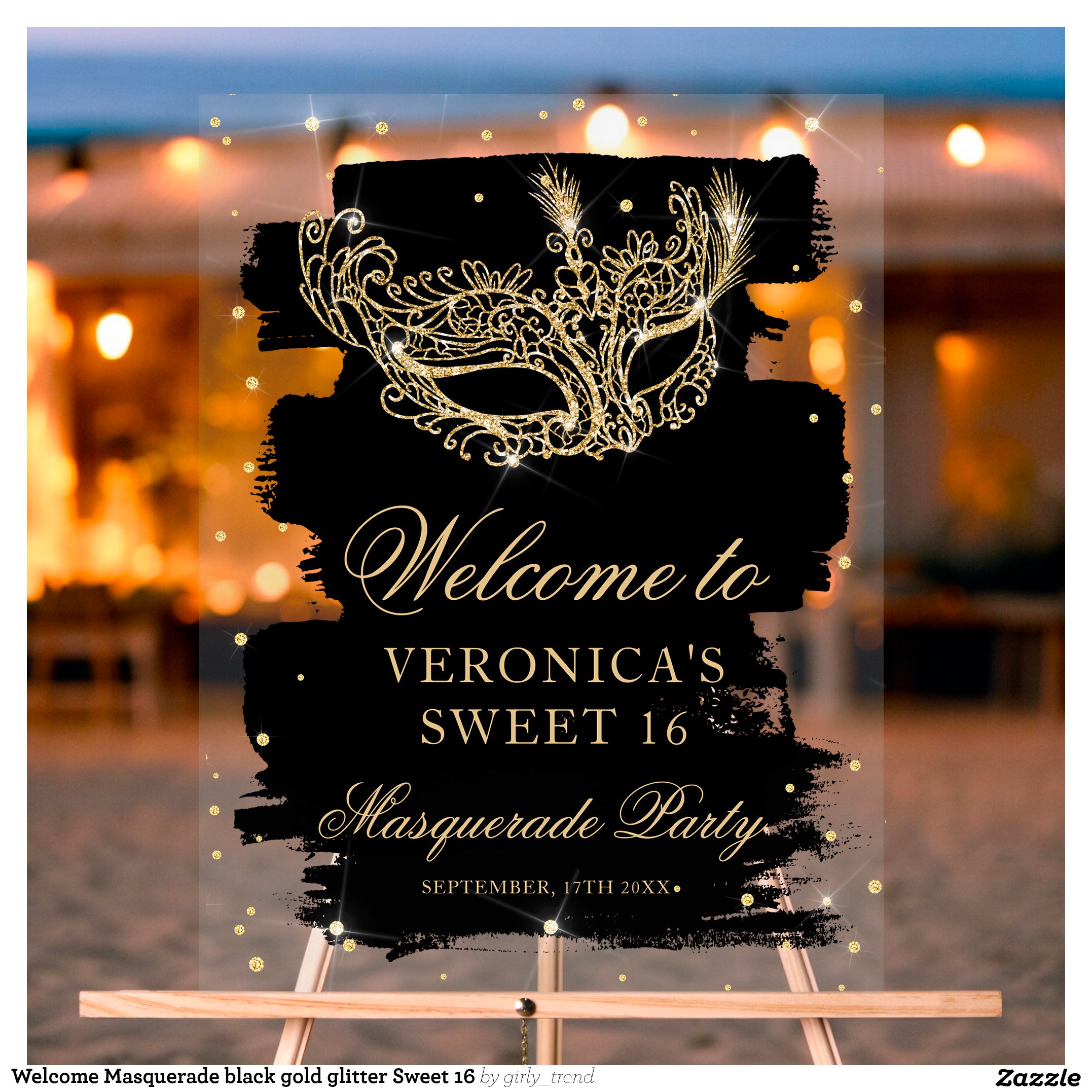 Welcome Masquerade black gold glitter Sweet 16 Acrylic Sign