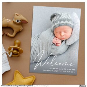 Welcome Photo Collage White Script Birth Announcement