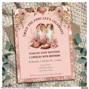 Western Boho Pink Floral Cowgirl Double Birthday Invitation