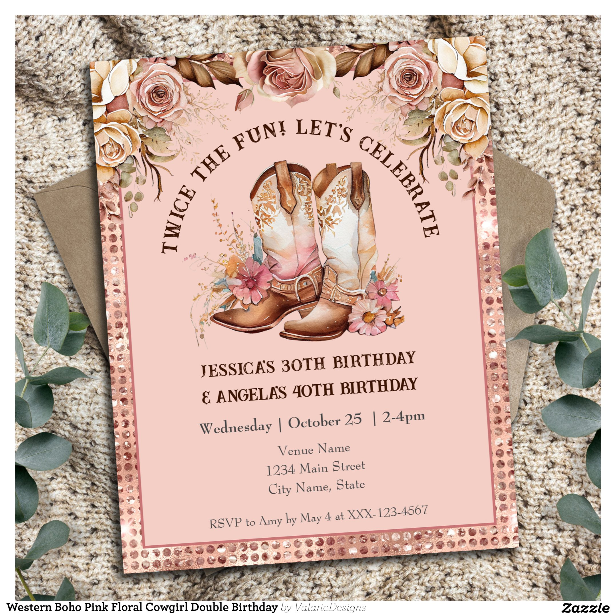Western Boho Pink Floral Cowgirl Double Birthday Invitation