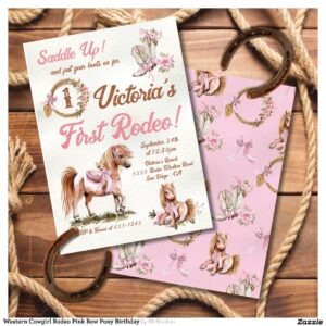 Western Cowgirl Rodeo Pink Bow Pony Birthday Invitation