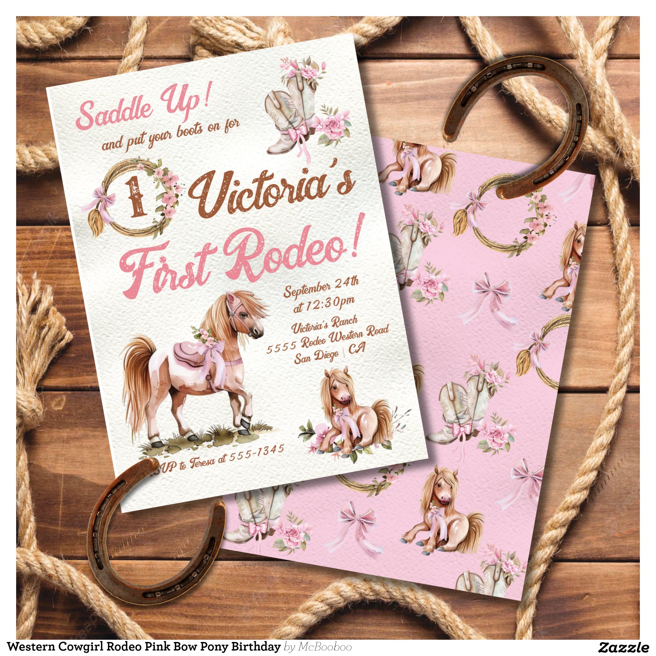 Western Cowgirl Rodeo Pink Bow Pony Birthday Invitation