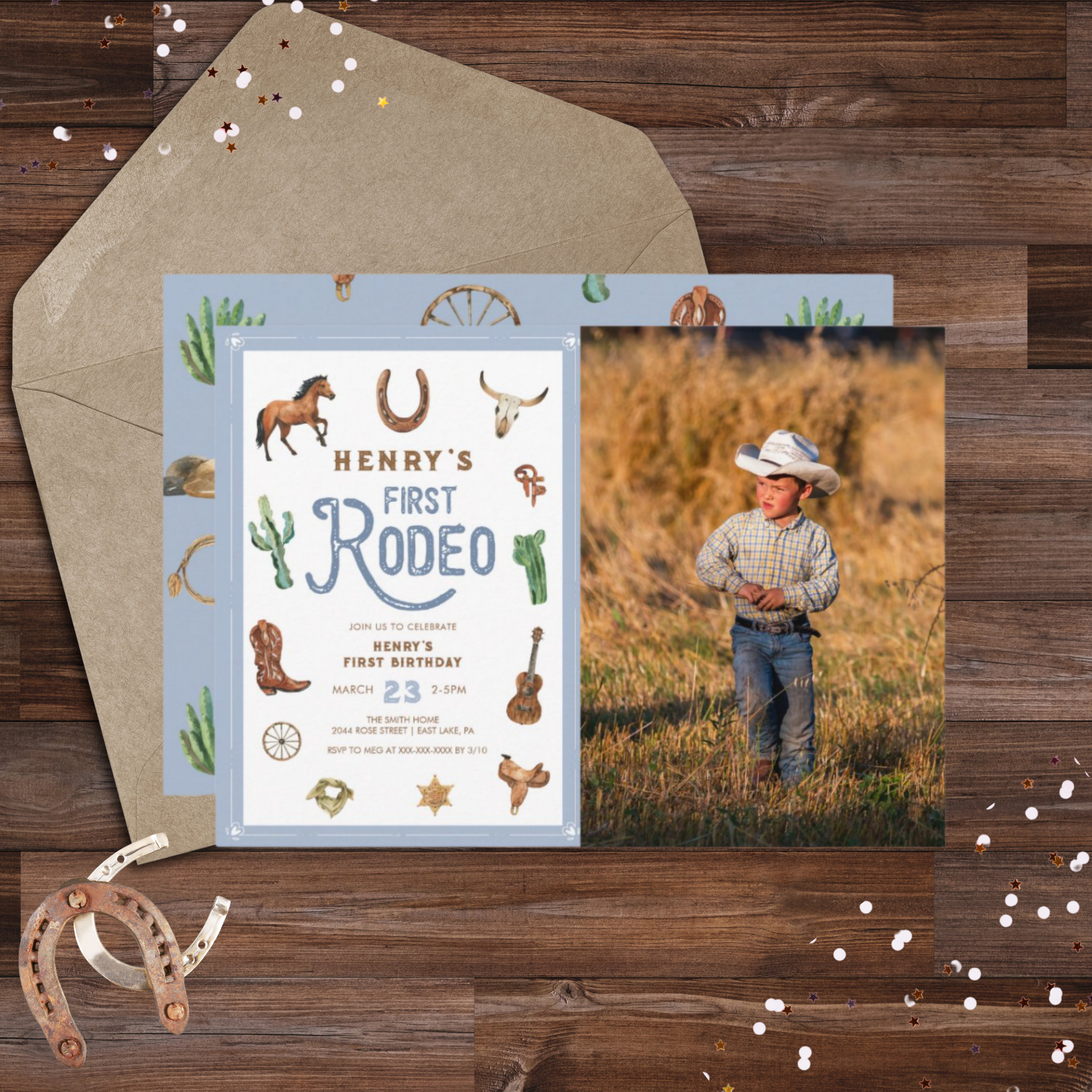 Western First Birthday Rodeo Baby Boy Invitation
