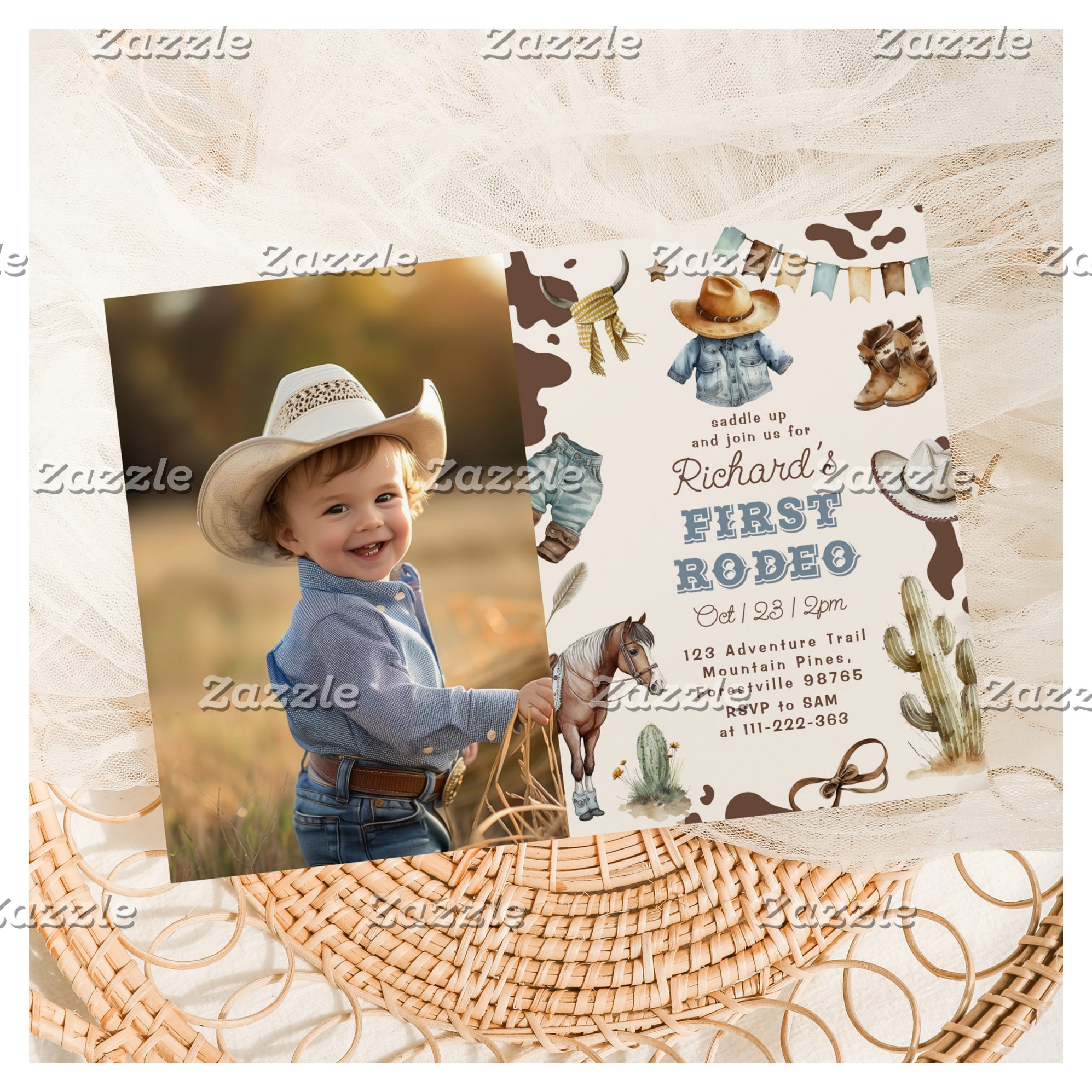Western First Rodeo Boy 1st birthday photo Invitation