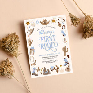Western First Rodeo Wild West Cowboy Blue Birthday Invitation