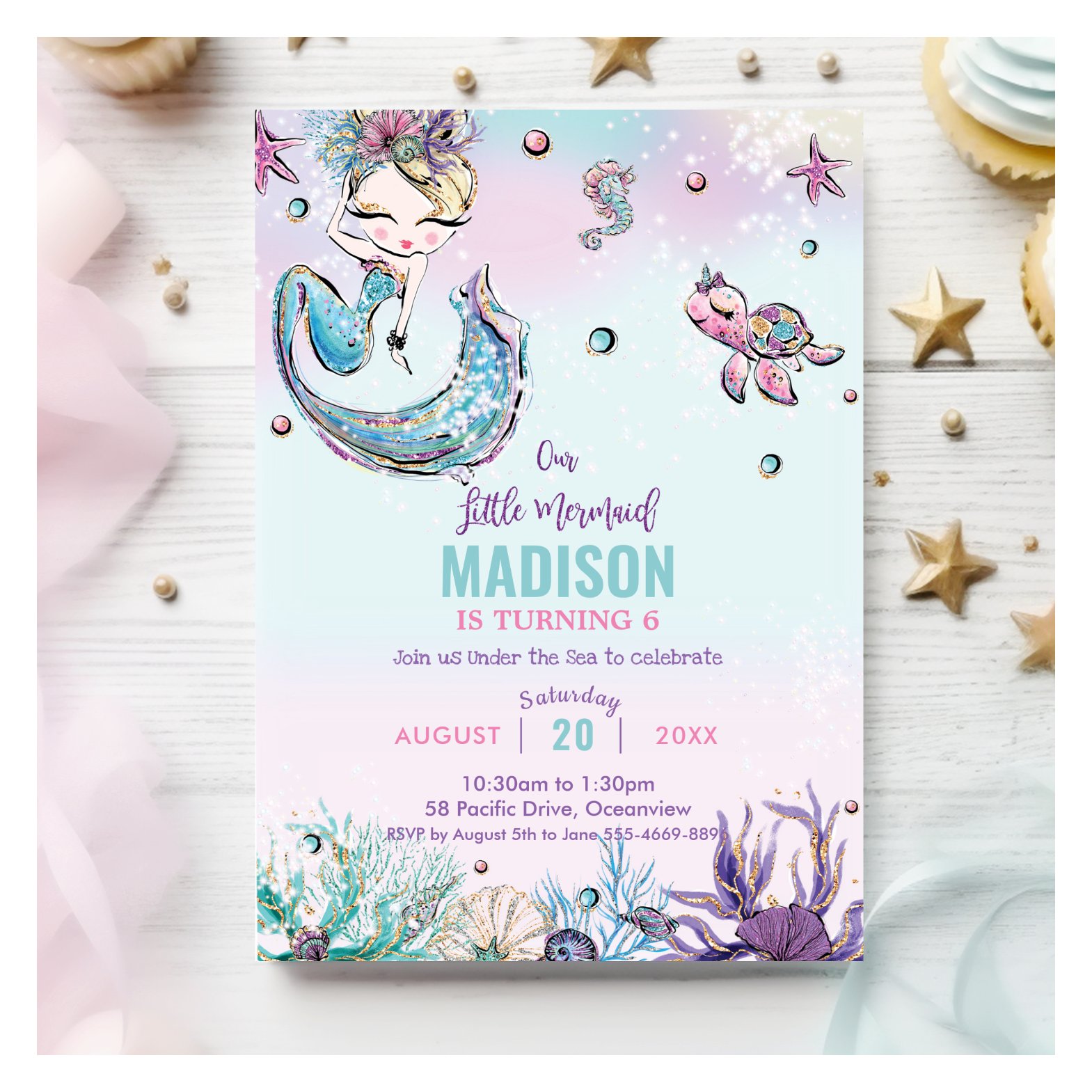 Whimsical Blonde Mermaid Under the Sea Birthday Invitation