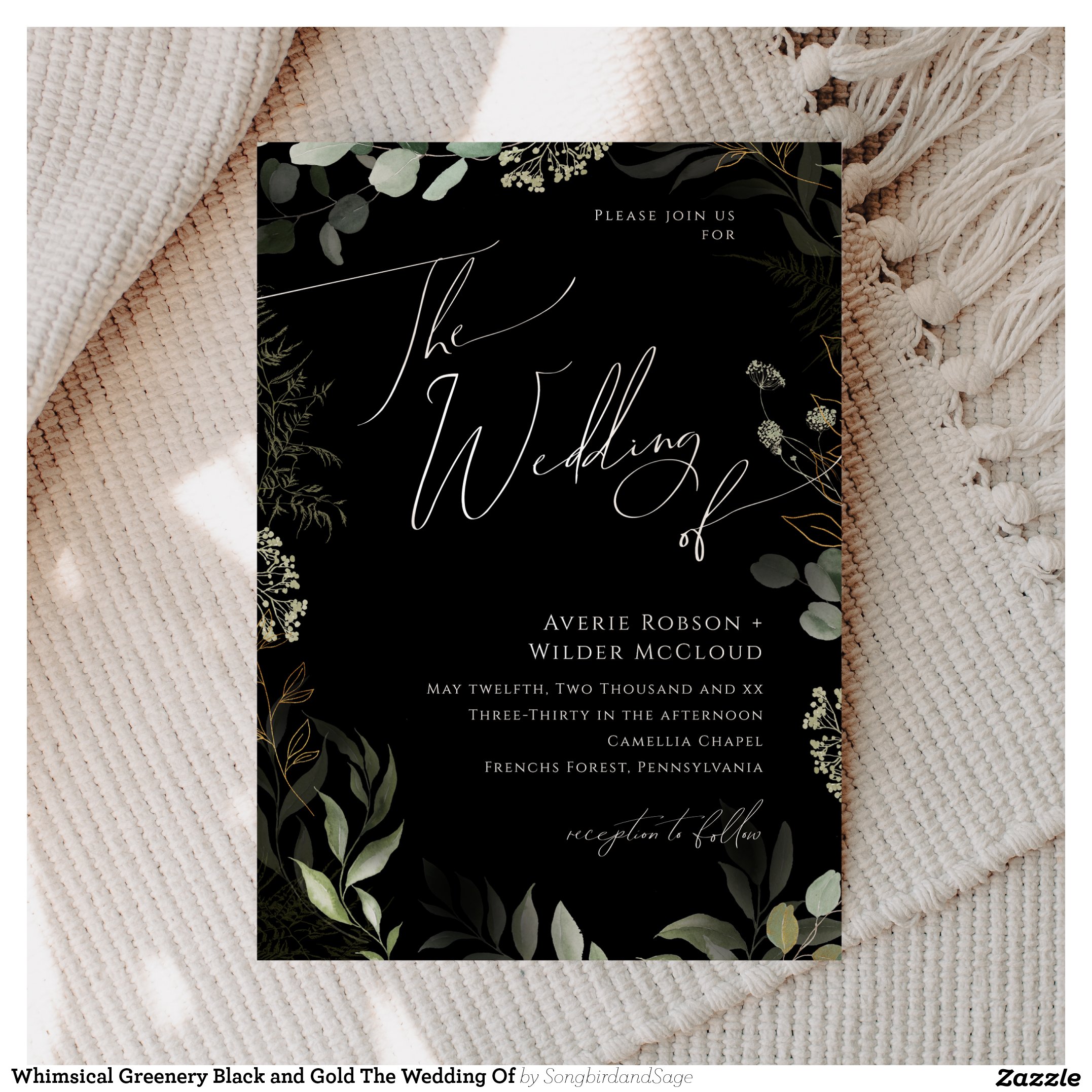 Whimsical Greenery Black and Gold The Wedding Of Invitation
