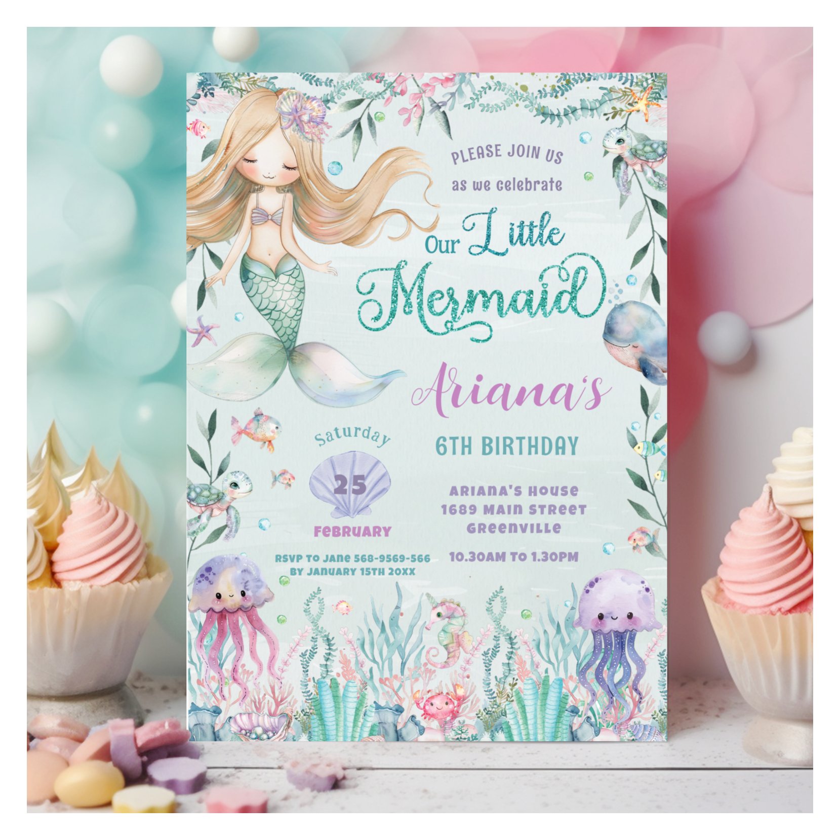 Whimsical Mermaid Under the Sea Pool Birthday Invitation