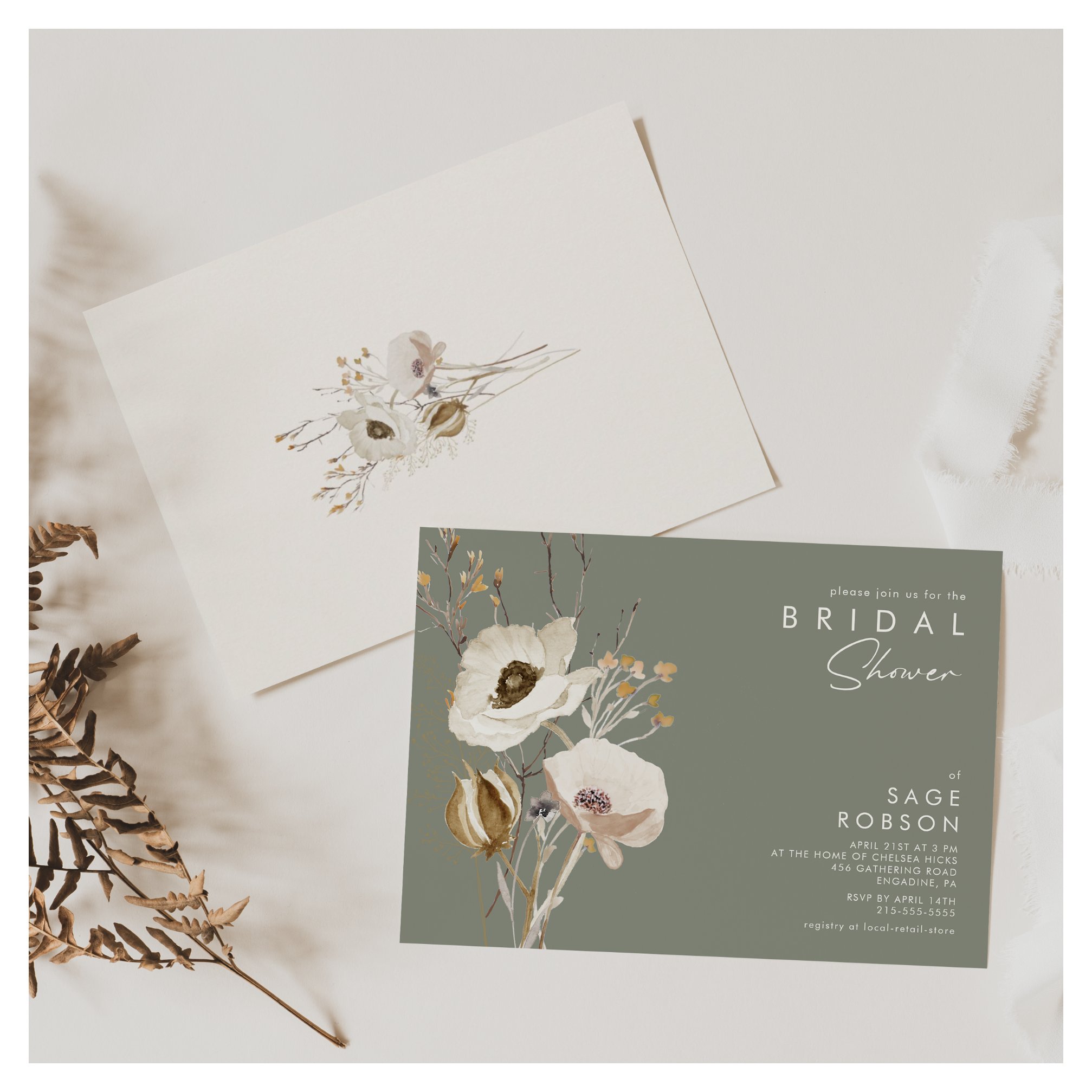 Whimsical Wildflower Sage Green Bridal Shower Invitation